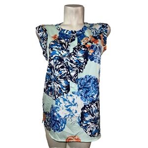 J. Crew Sleeveless Floral Print Blouse Women Size 6 Mint Blue Orange Button Neck